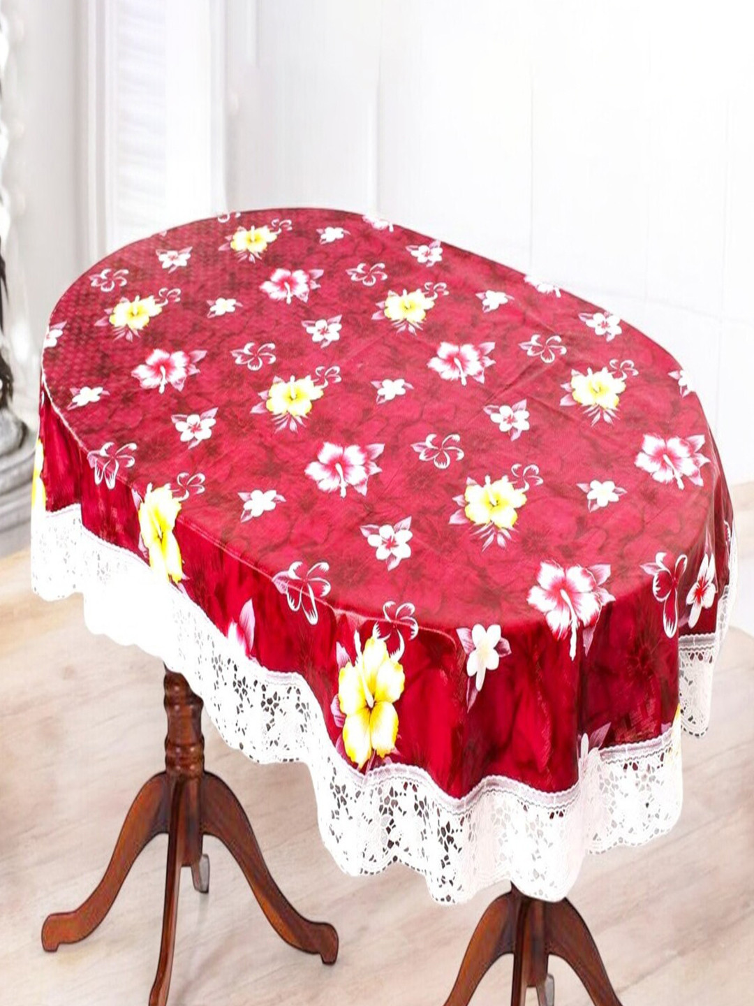 CASA-NEST Red Floral Printed Waterproof Oval 6-Seater Table Cover