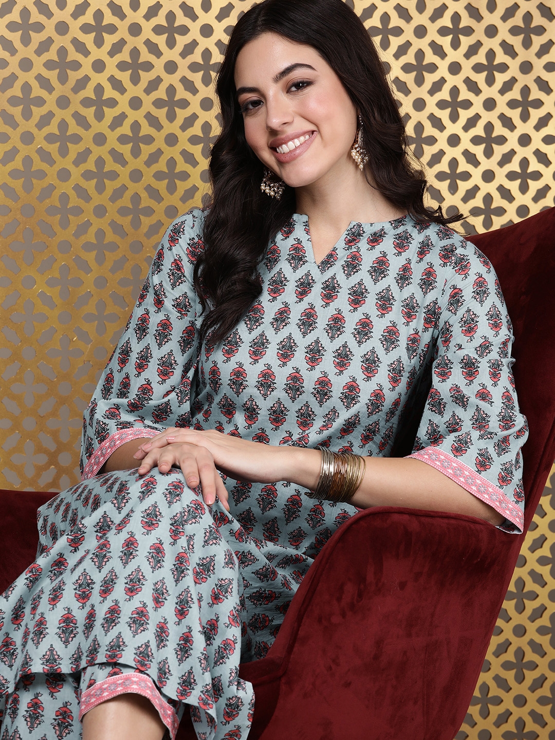 House Of Pataudi Rozana Ethnic Motifs Printed Regular Pure Cotton Kurti With Trousers - Kurta Sets for Women 26046726 | Myntra
