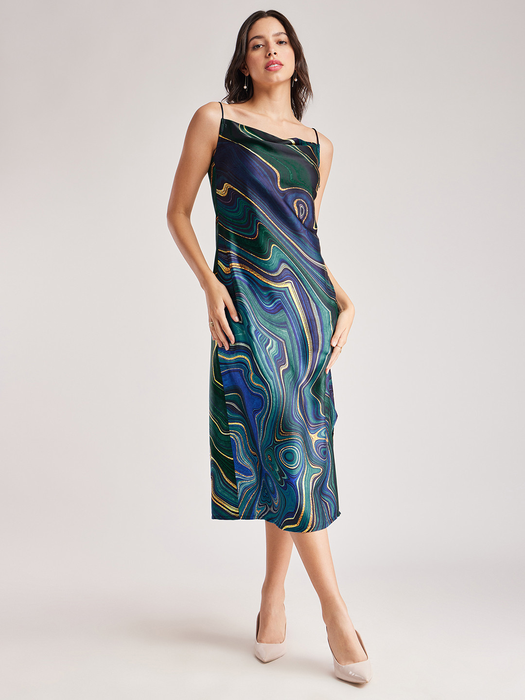 FableStreet Abstract Printed Square Neck Satin Women Dress