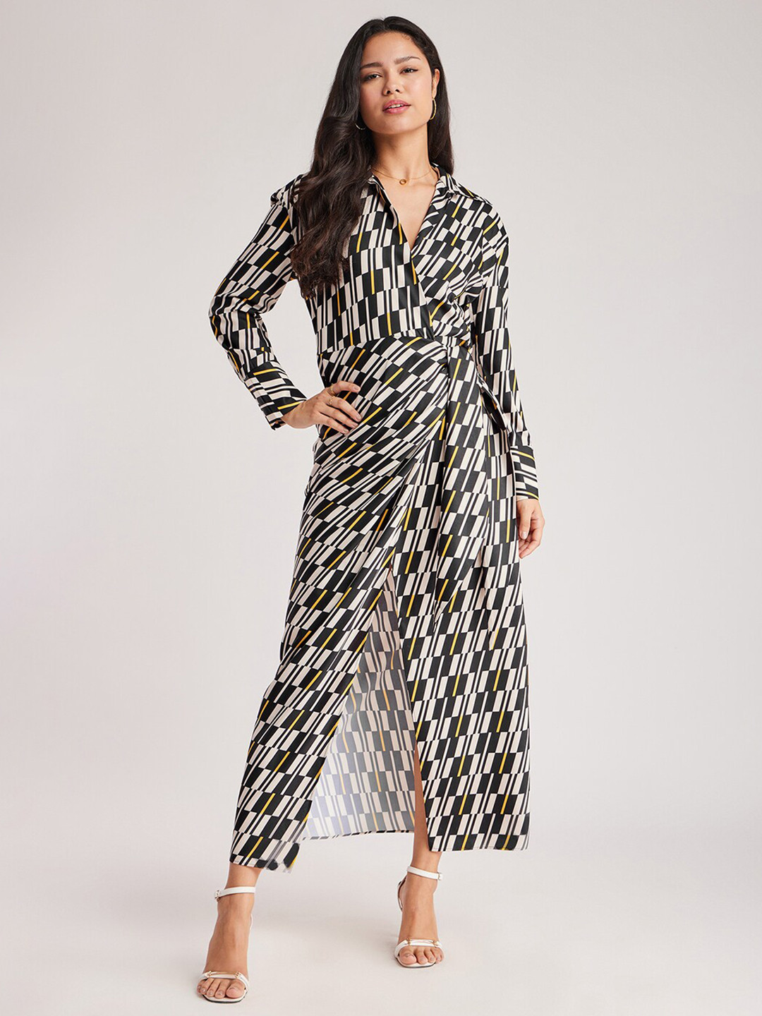 FableStreet Geometric Printed Shirt Collar Wrap Maxi Women Dress