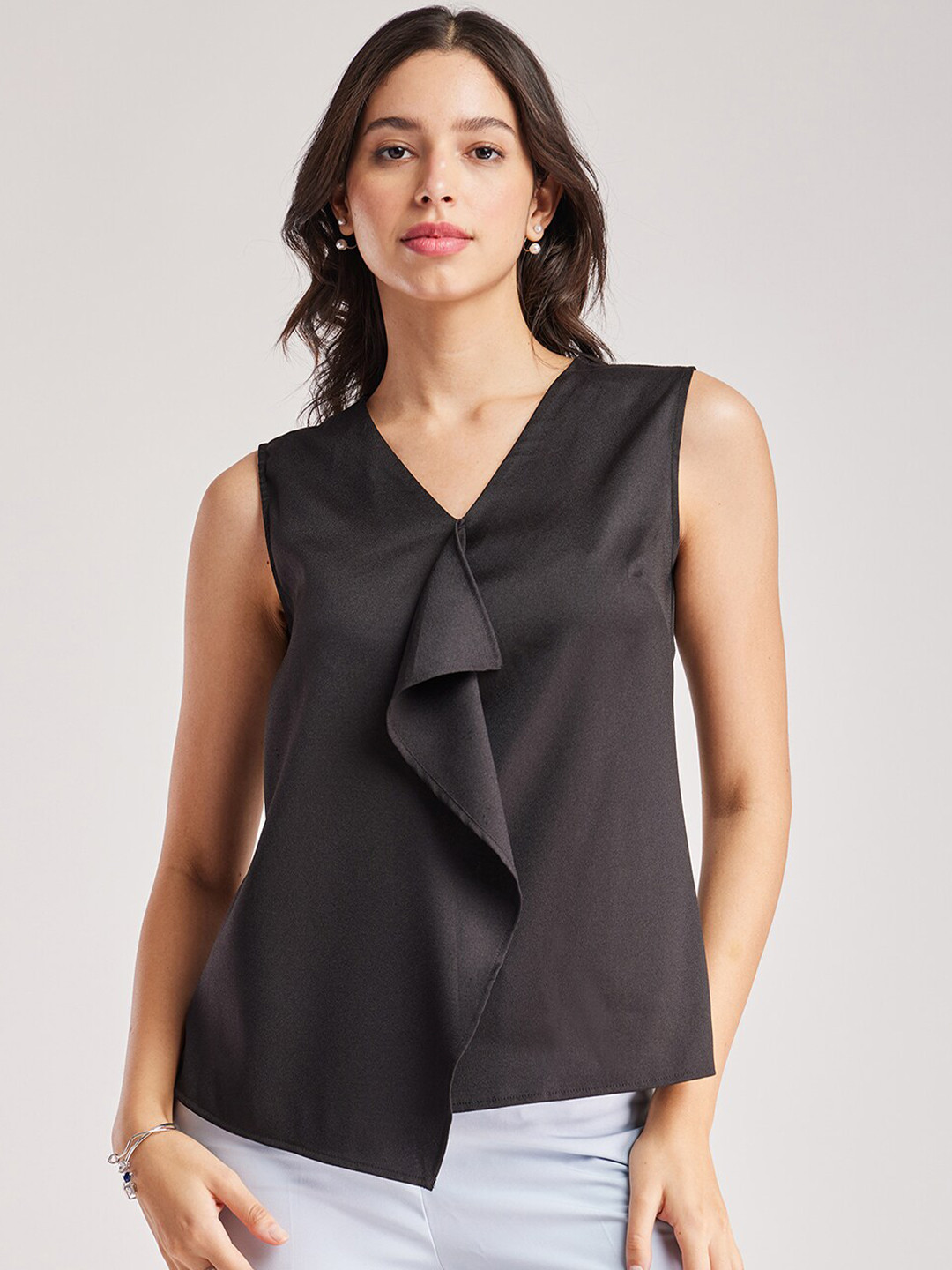 FableStreet Draped Ruffle Detail V-Neck Sleeveless Crepe Top