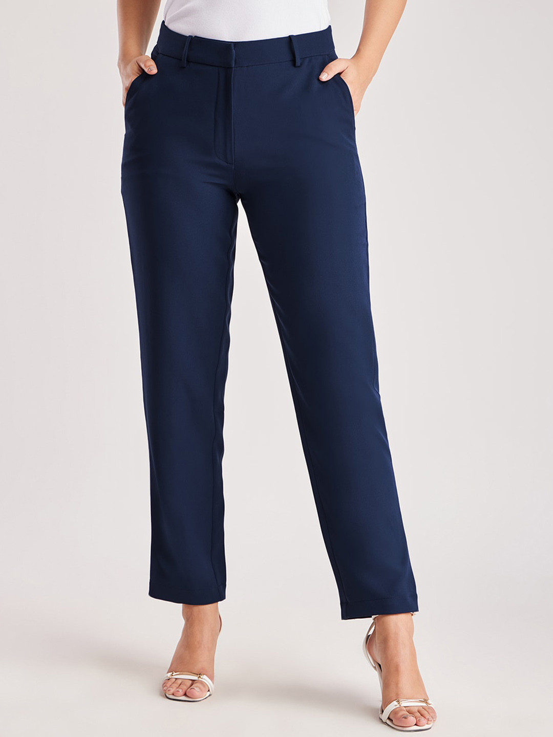 FableStreet Women Straight Navy Blue Fit Trousers