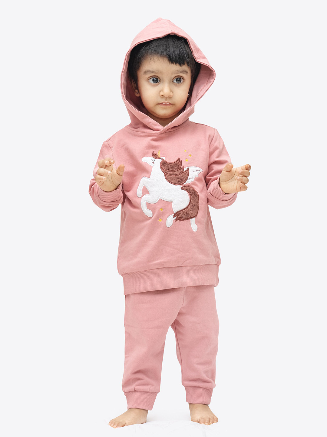 ariel Girls Self Designed Hooded Pure Cotton Sweatshirt & Pyjamas