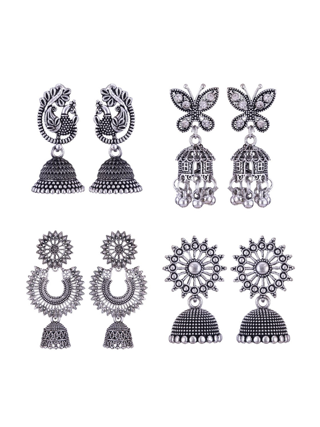 MEENAZ Pack Of 4 Silver-Plated Dome Shaped Oxidised Jhumkas