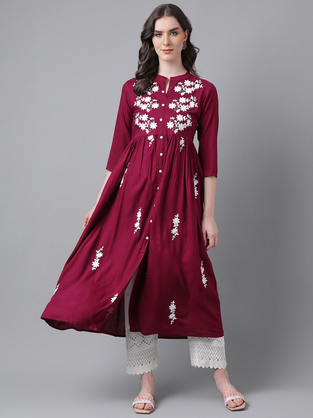 PURVIJA KURTIES Floral Embroidered Thread Work Mandarin Collar Anarkali Kurta
