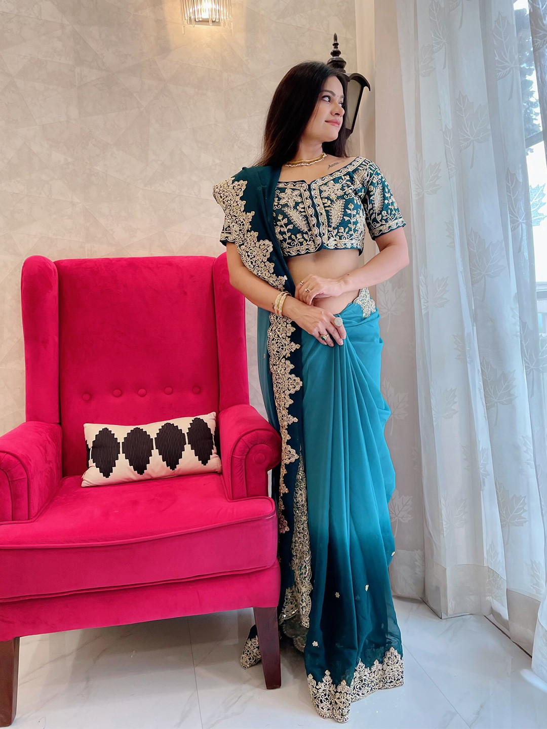 Anouk Teal & Teal Floral Embroidered Poly Georgette Designer Saree