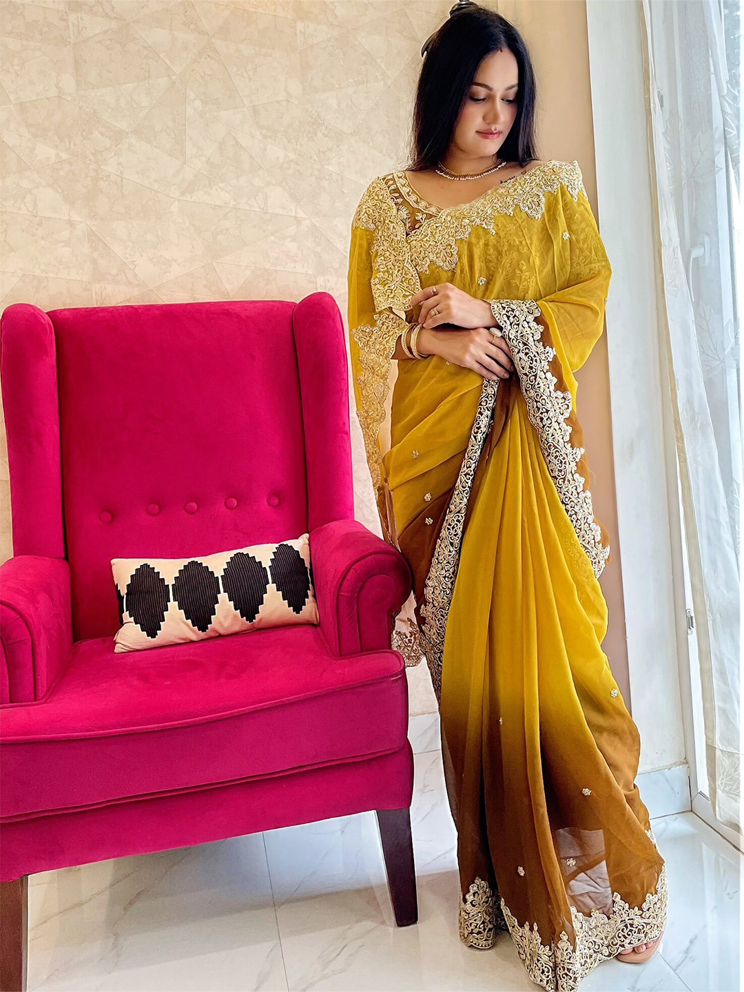 Anouk Gold-Toned & Brown Floral Embroidered Designer Saree