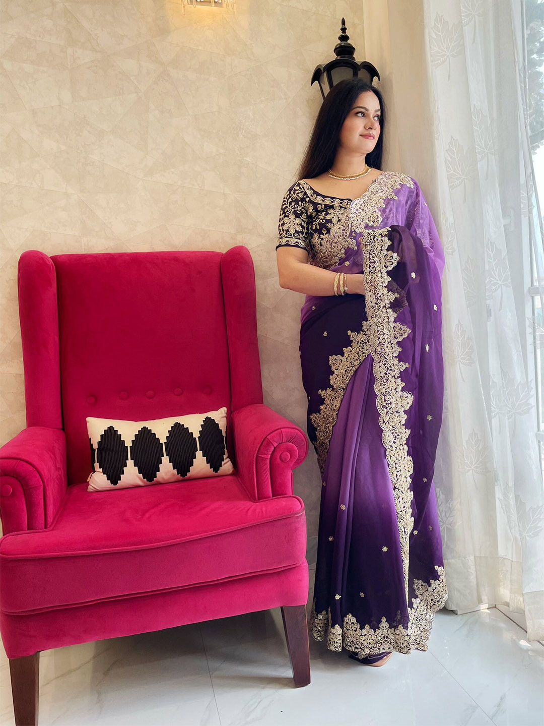 Anouk Purple & Gold-Tones Floral Embroidered Saree
