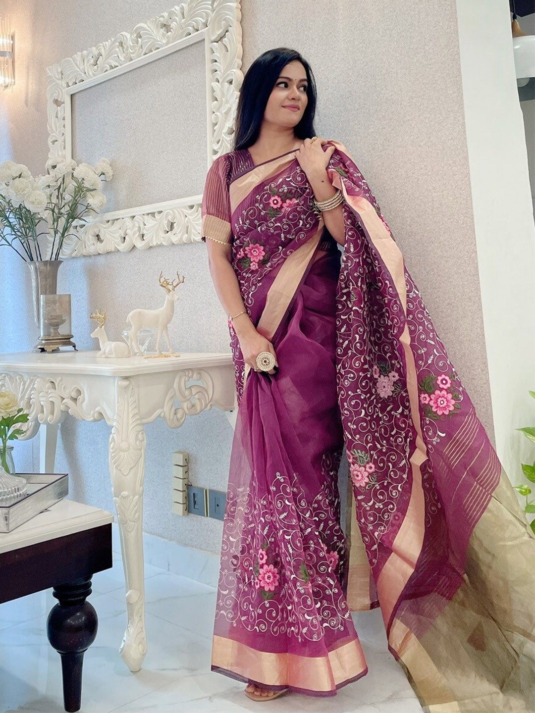 Anouk Rose & Rose Floral Embroidered Organza Designer Saree