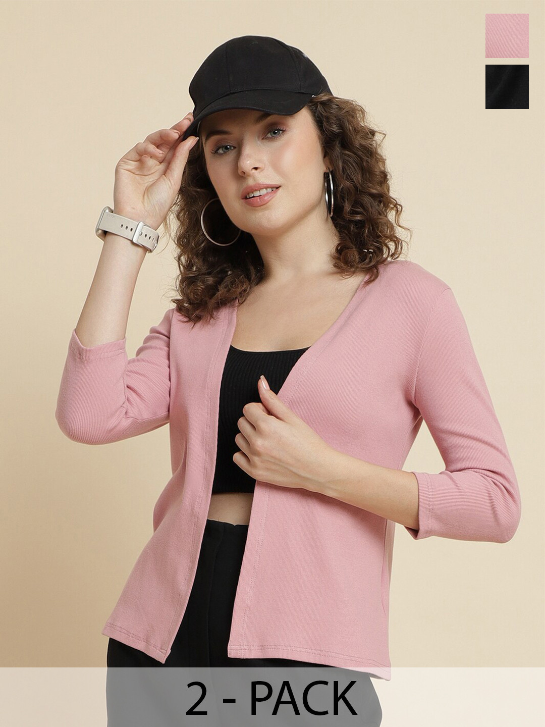 UnaOne Pack Of 2 Three-Quarter Sleeves Cotton Open Front Shrug