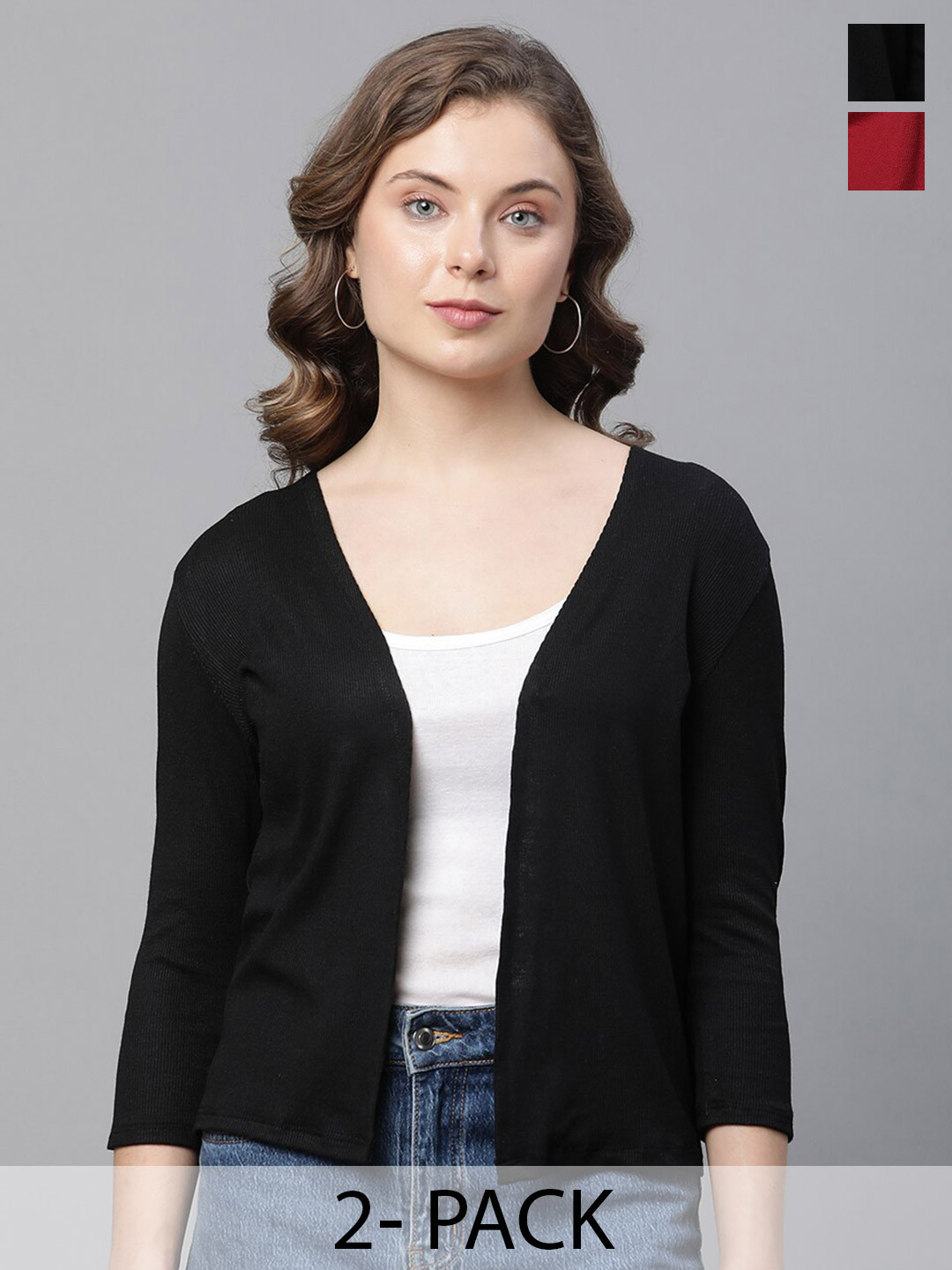 UnaOne Pack Of 2 Three-Quarter Sleeves Cotton Open Front Shrug