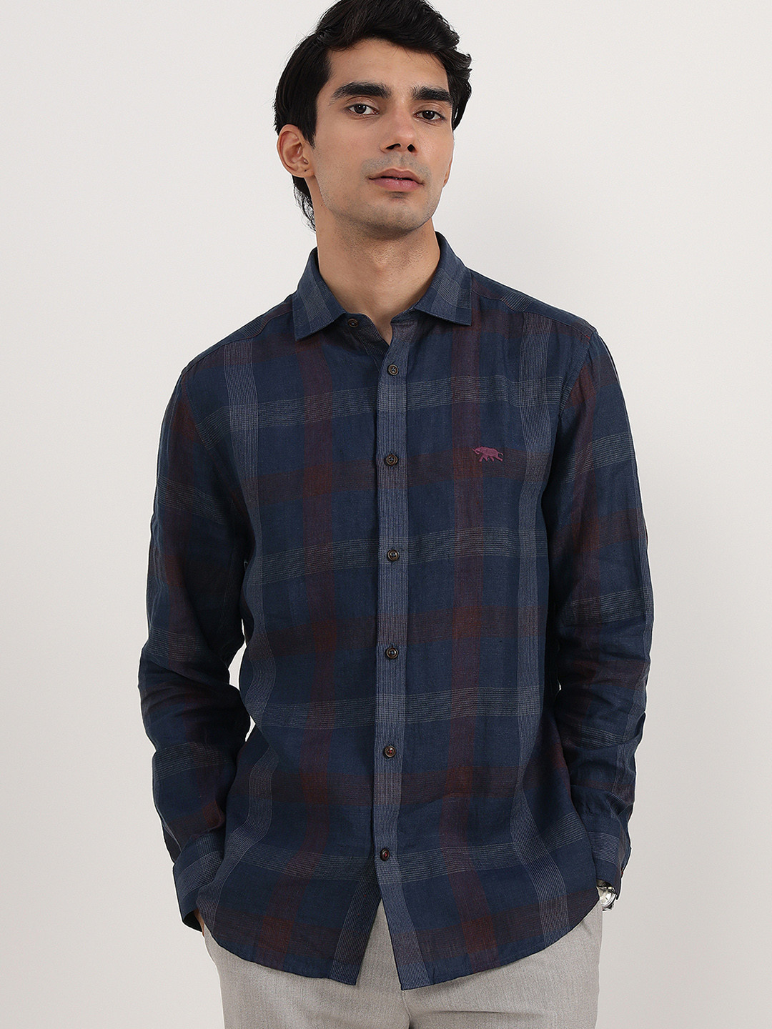 Andamen Premium Cutaway Collar Checked Linen Formal Shirt