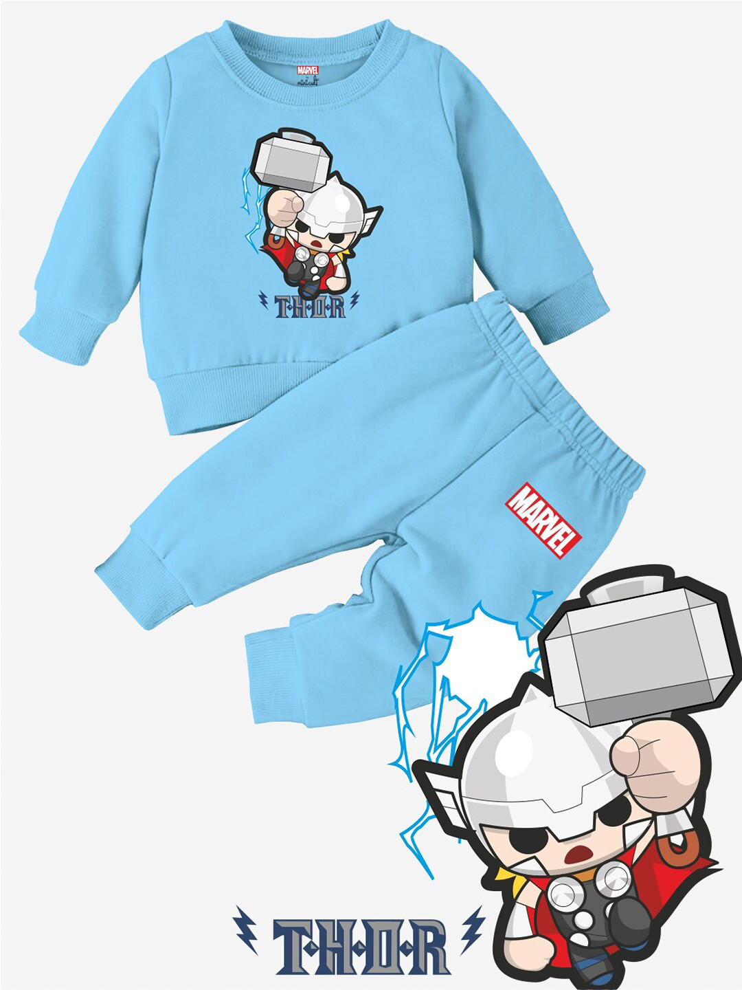 Minicult Unisex Blue Kids Thor Printed T-shirt With Pyjamas Clothing Set
