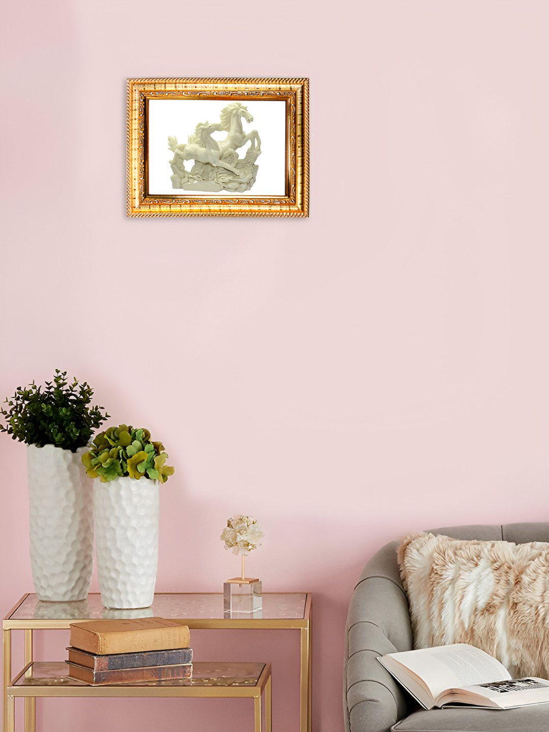 Hawai Gold-Toned Rectangle Wooden Framed Two Running Victory Horses Photo With Frame