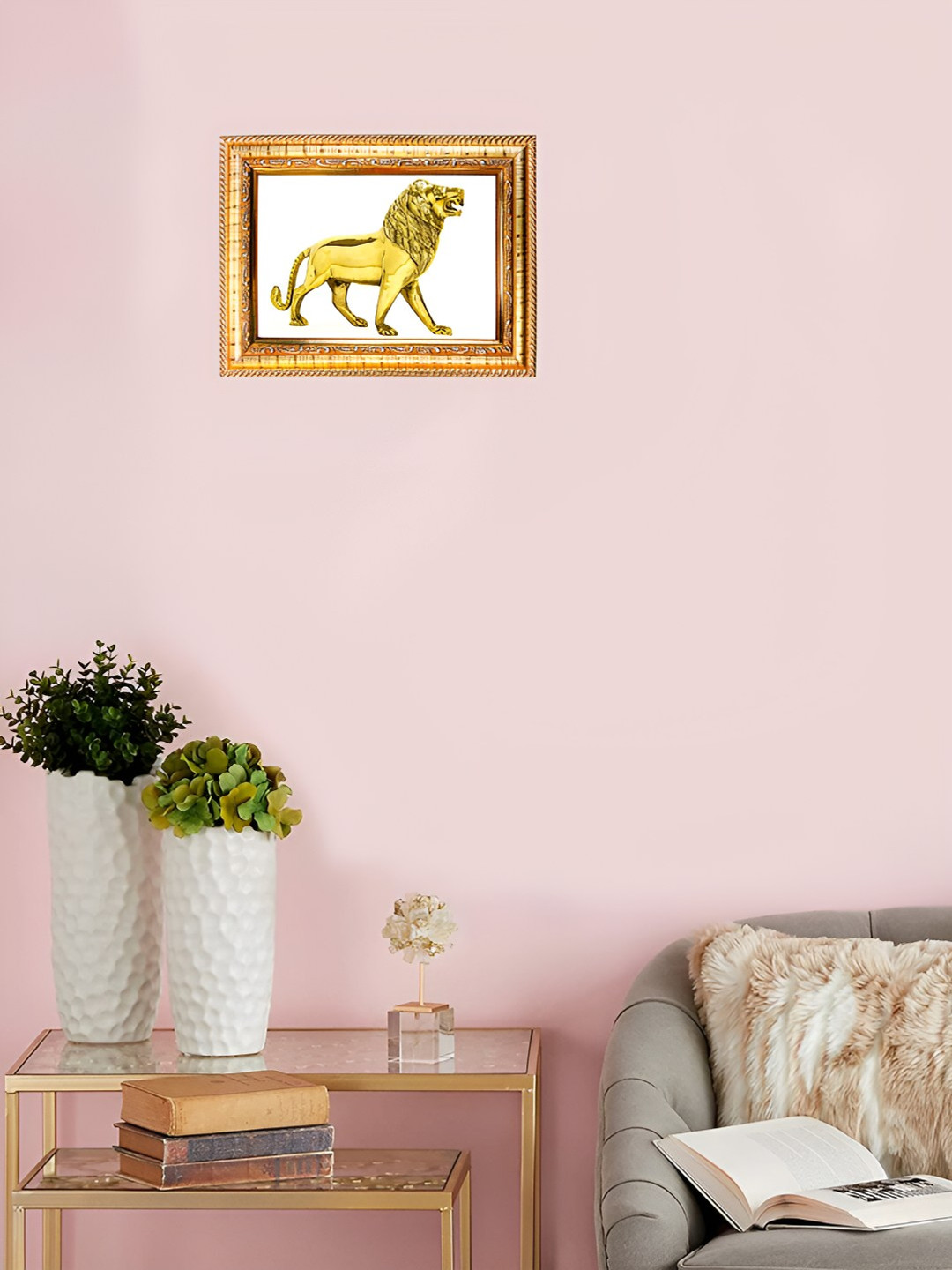 Hawai Gold-Toned Self Design Rectangler Wooden Roaring Lion Photo With Frame