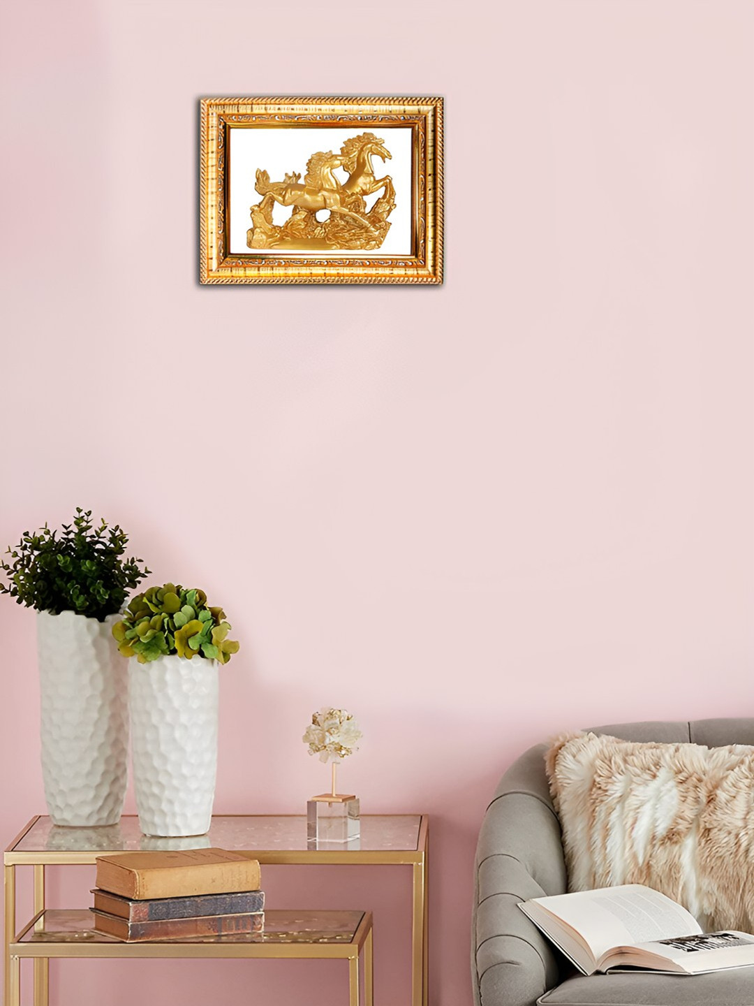 Hawai Gold-Toned Self Design Rectangular Two Running Victory Horses Wooden Wall Photo Frame