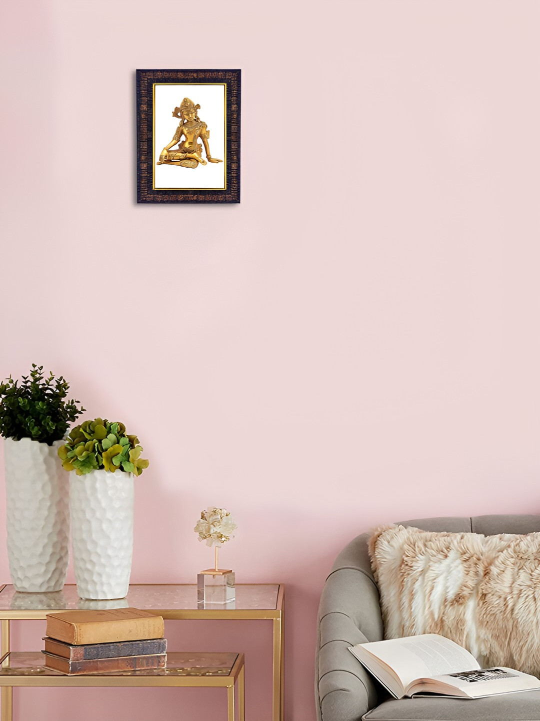 Hawai Black & Gold Toned  Self Design Rectangler Wooden Lord Indra Dev Photo With Frame