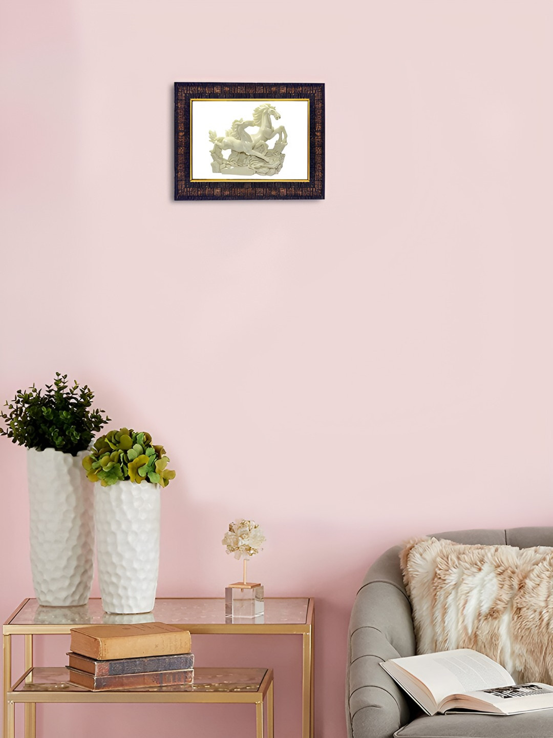 Hawai Black & White Self Design Rectangular Two Running Victory Horses Wooden Wall Photo Frame