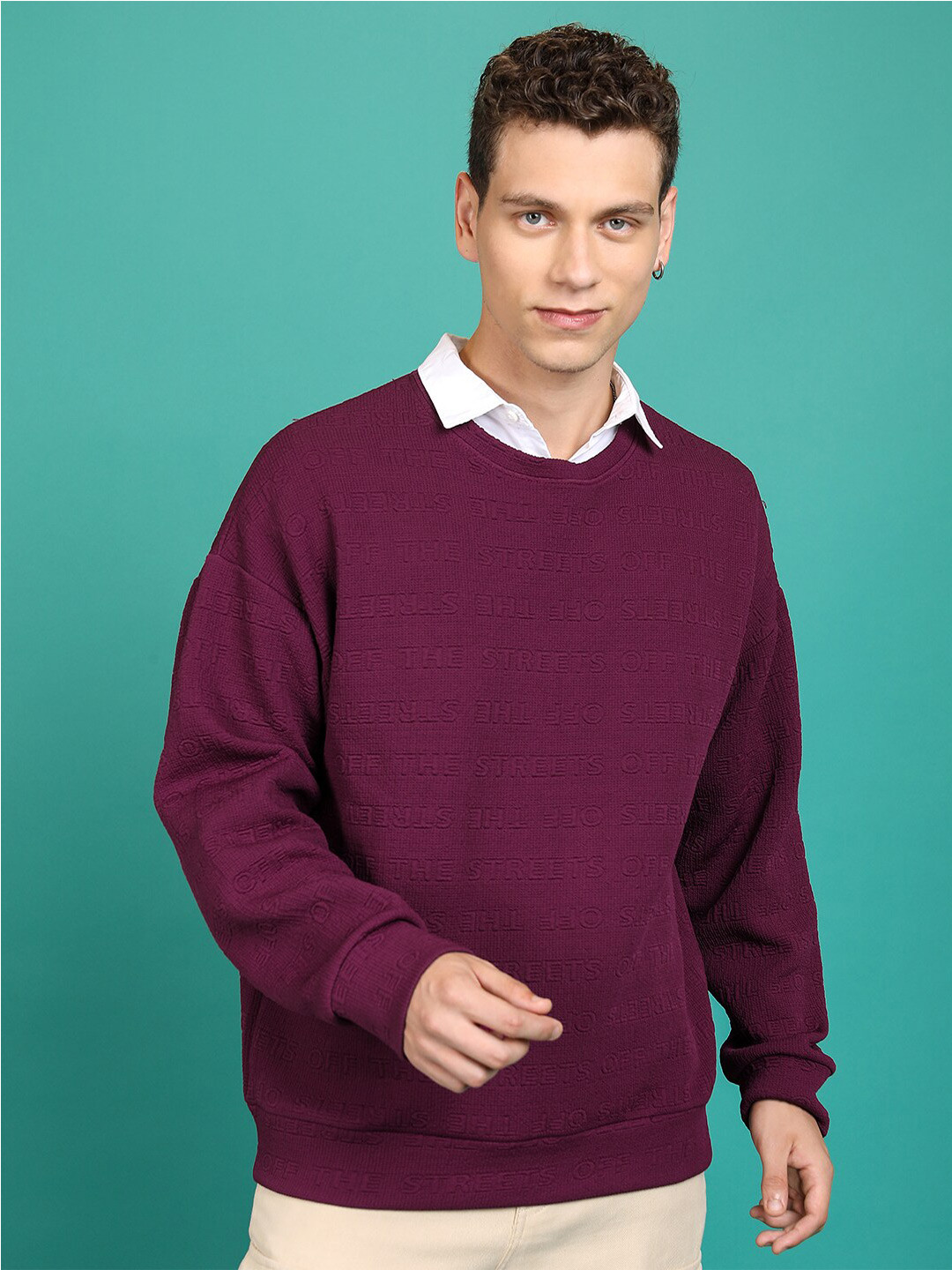 HIGHLANDER Typography Self Design Drop Shoulder Oversized Textured Sweatshirt