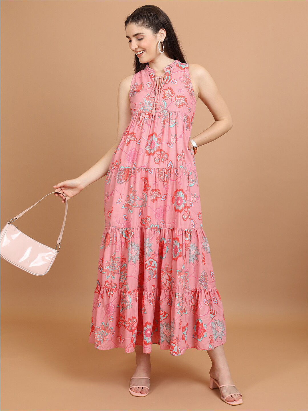 Vishudh Pink Floral Printed Sleeveless Maxi Dress