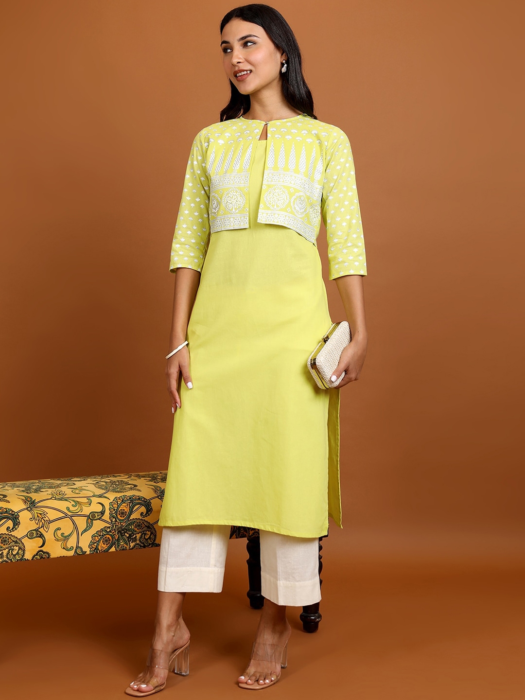 Vishudh Sleeveless Pure Cotton Kurta With Trousers & Printed Jacket - Kurta Sets for Women 26049060 | Myntra