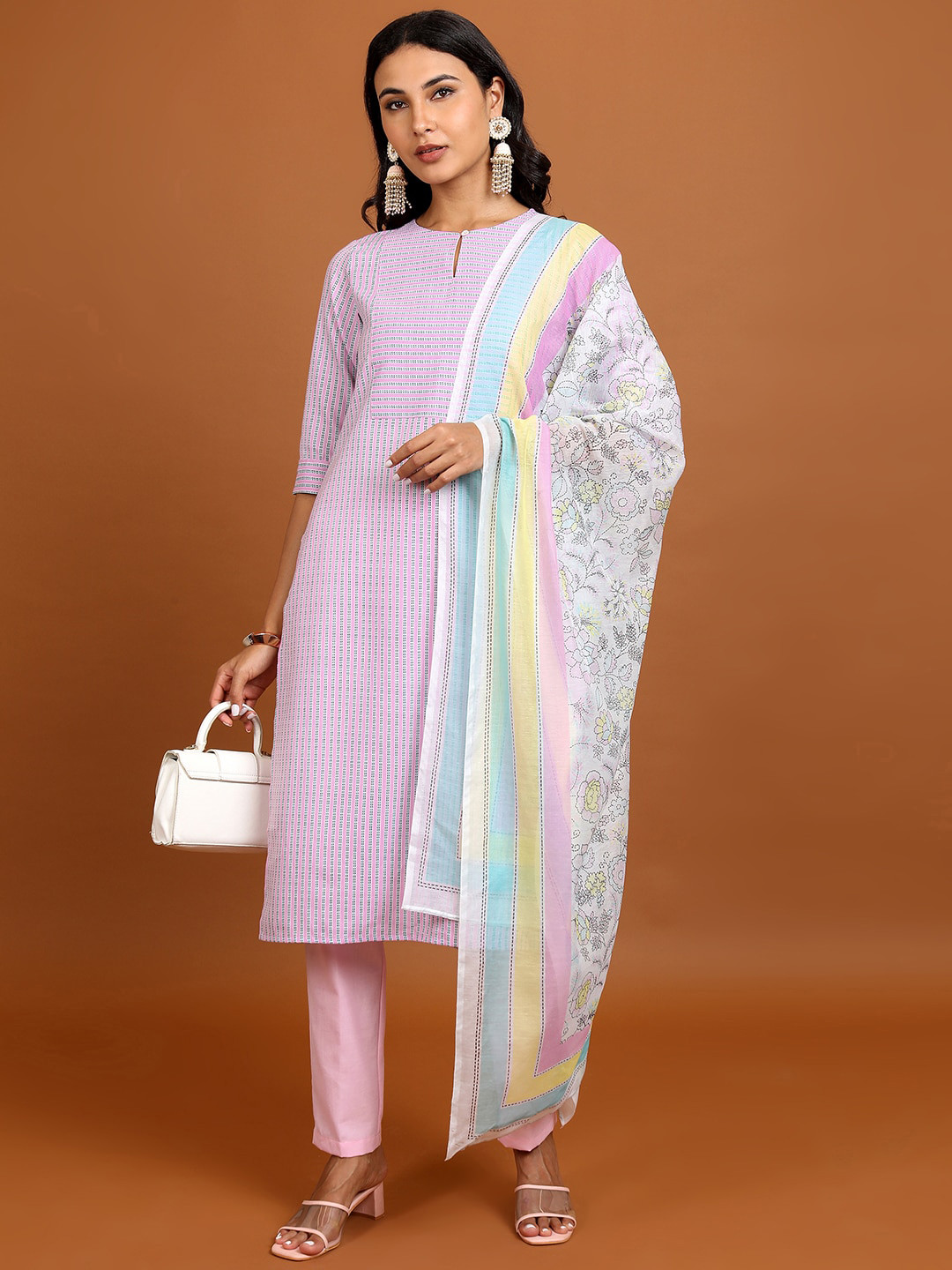 Vishudh Pink Striped Keyhole Neck Kurta With Trousers & Dupatta