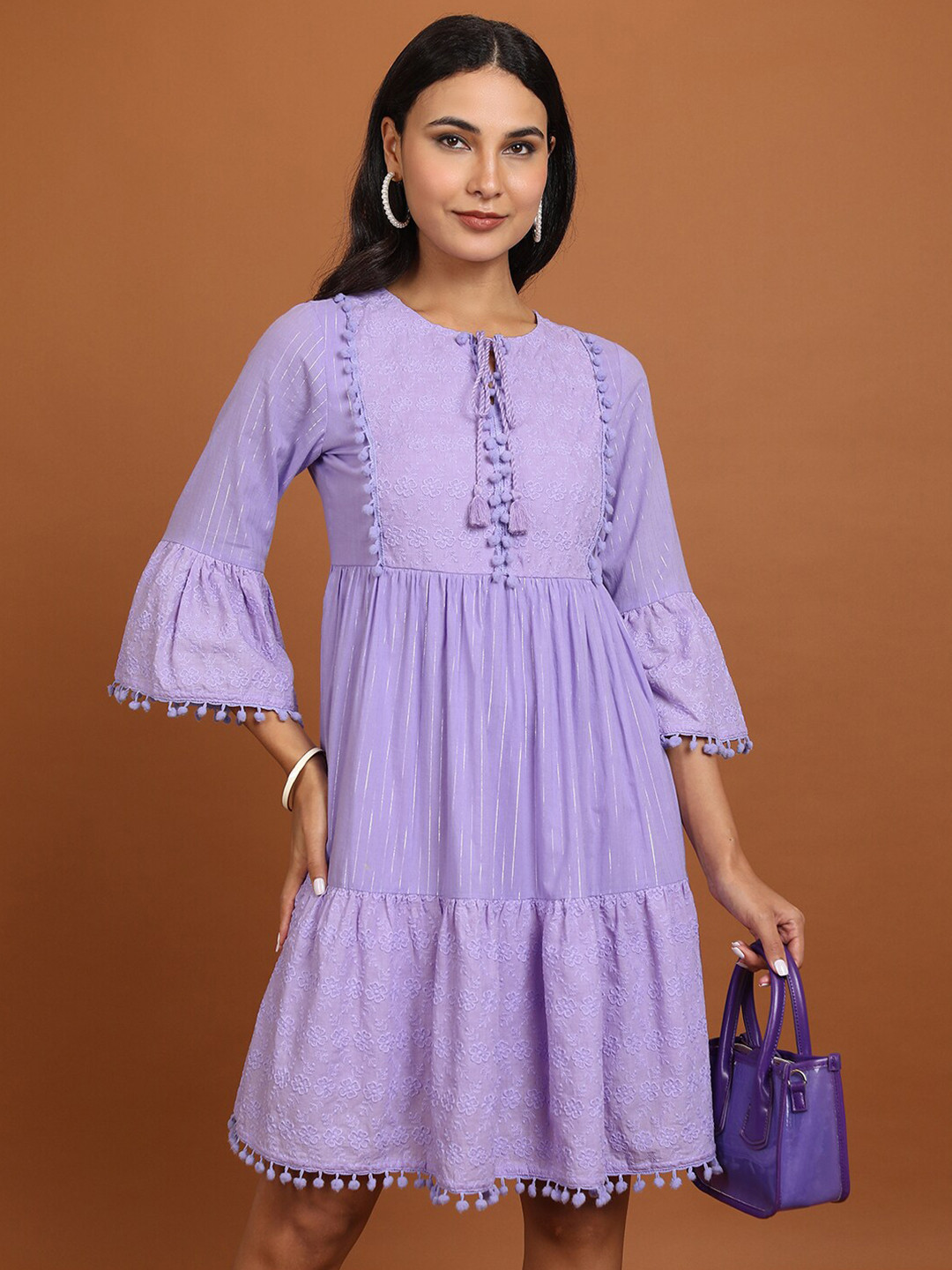 Vishudh Lavender Floral Embroidered A-Line Dress