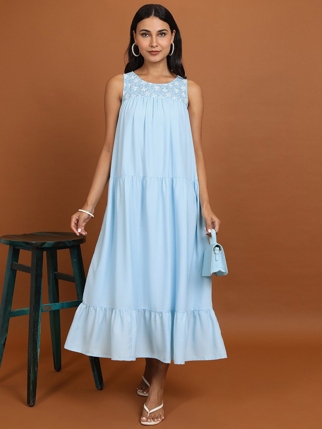 Vishudh Blue Floral Embroidered Sleeveless Maxi Dress