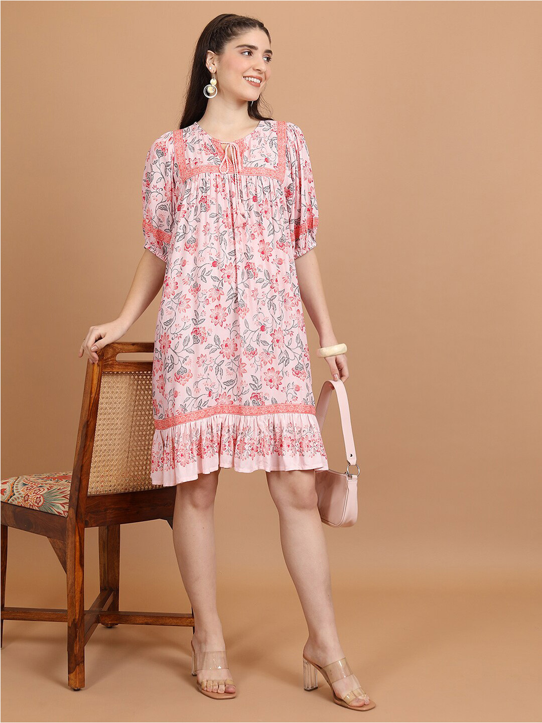 Vishudh Peach-Coloured Floral Printed A-Line Dress