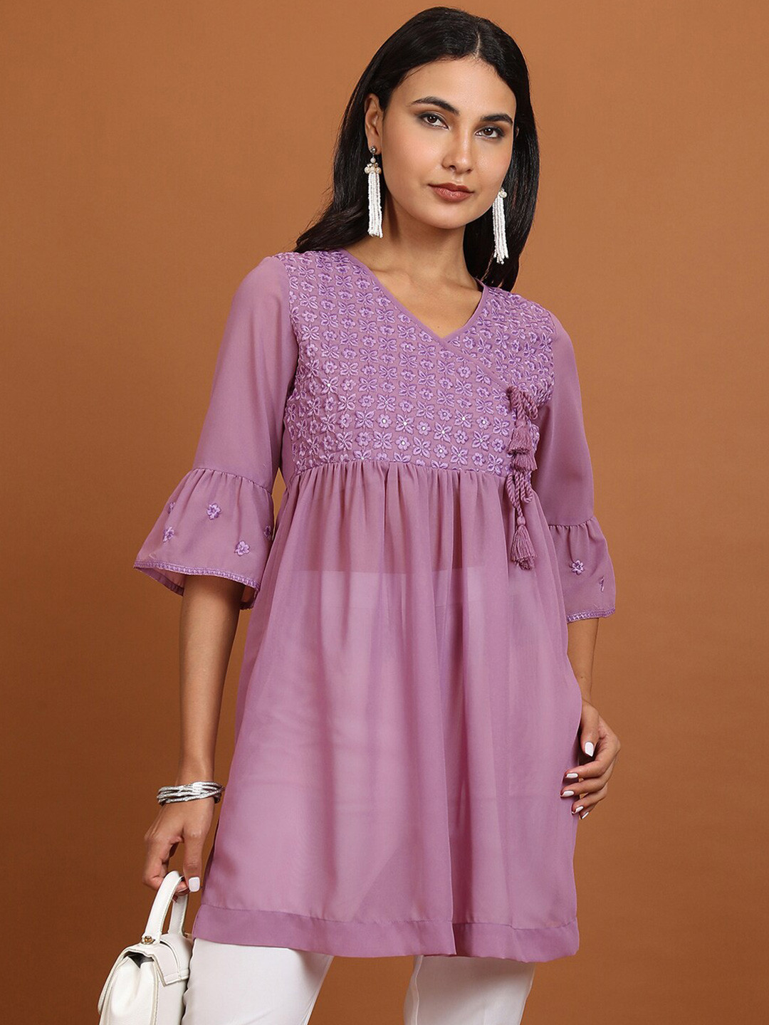 KETCH Ethnic Motifs Embroidered V-Neck Bell Sleeve Pleated A-Line Kurti