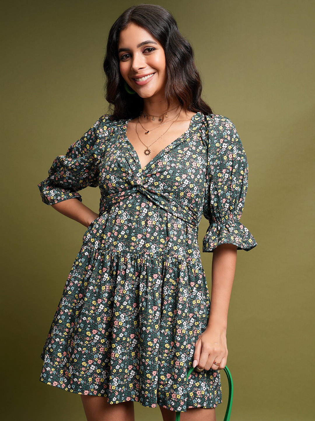 Tokyo Talkies Navy Blue & Yellow Floral Printed Gathered Smocked Fit & Flare Dress
