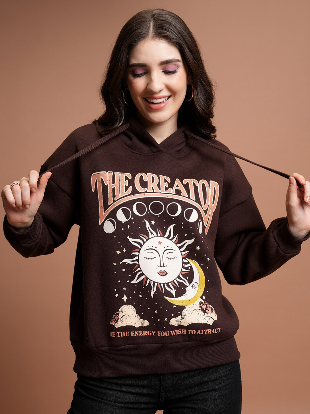 Tokyo Talkies Brown Graphic Printed Hooded Oversized Sweatshirt