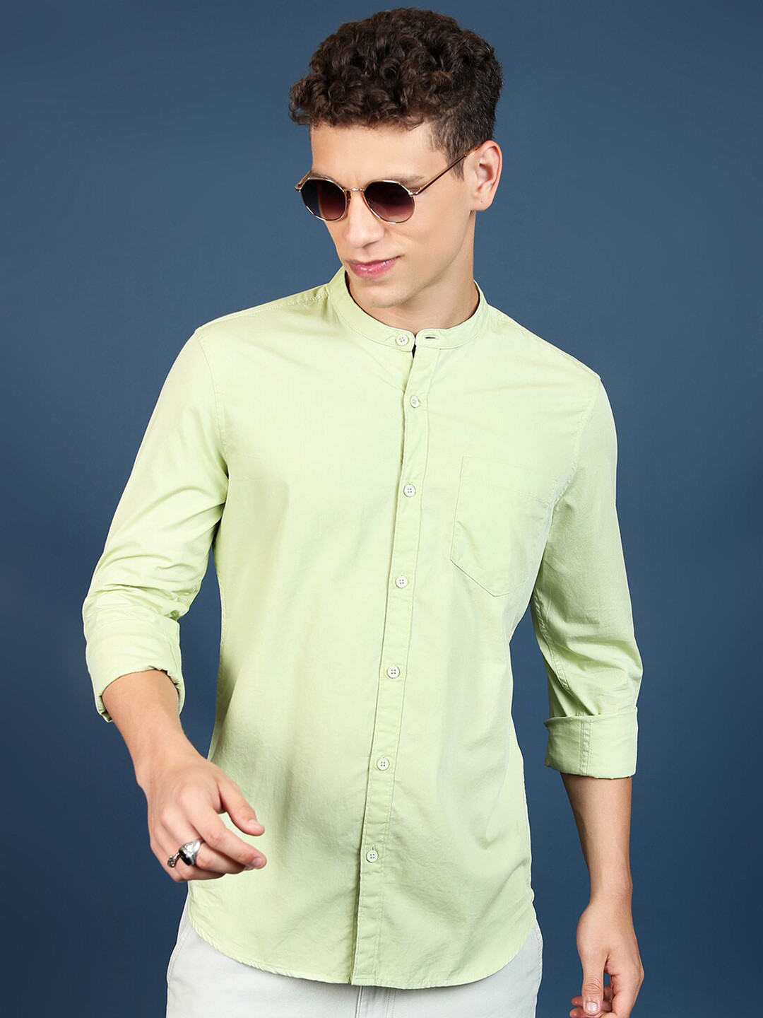 HIGHLANDER Lime Green Slim Fit Mandarin Collar Long Sleeves Cotton Casual Shirt