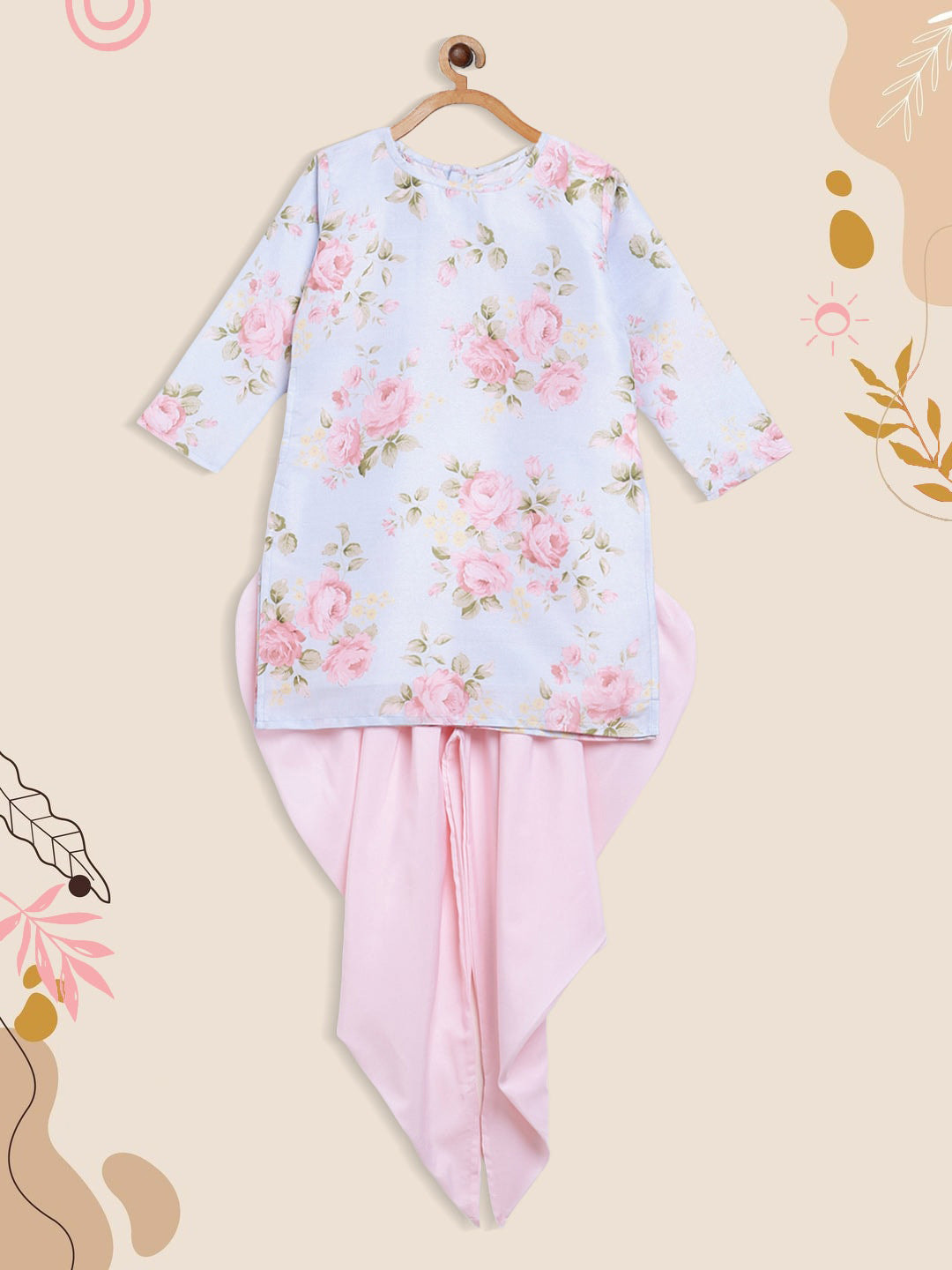 AHALYAA KIDS Girls Floral Printed Art Silk Straight Kurta With Dhoti Pants
