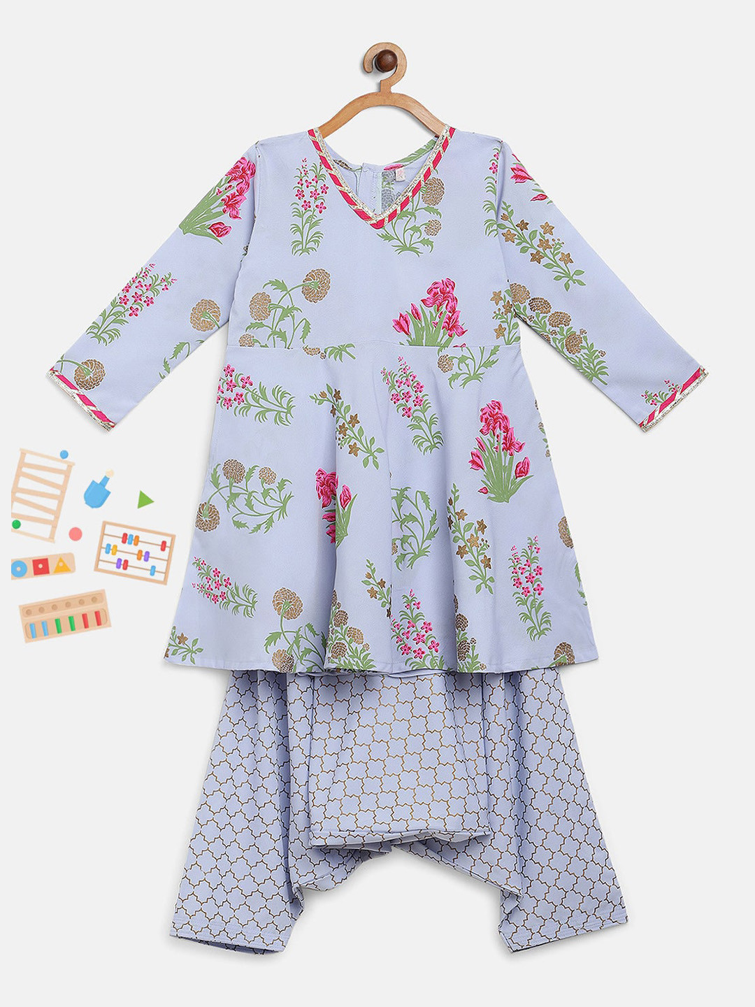 AHALYAA KIDS Girls Floral Printed V-Neck Gotta Patti A-Line Kurta With Harem Pants