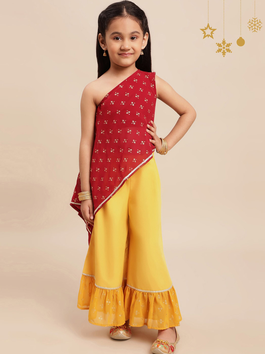 AHALYAA KIDS Girls Embellished One Shoulder Top With Palazzos