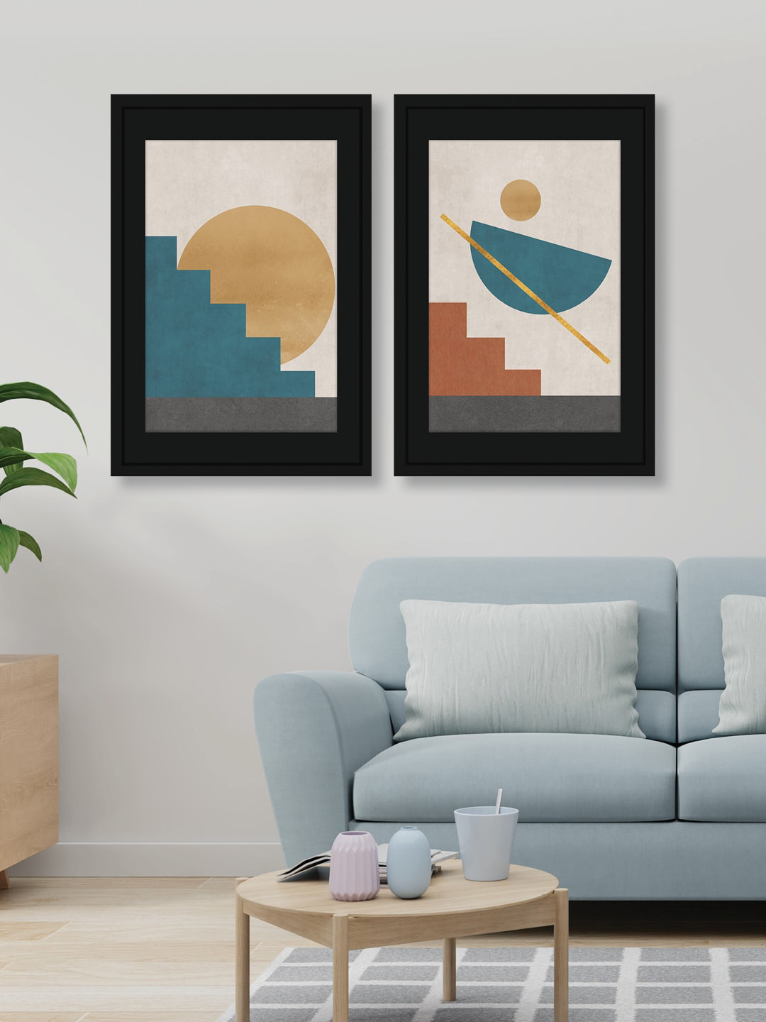 Random Teal & Brown 2 Pieces Abstract Latest Wooden Painting Wall Arts