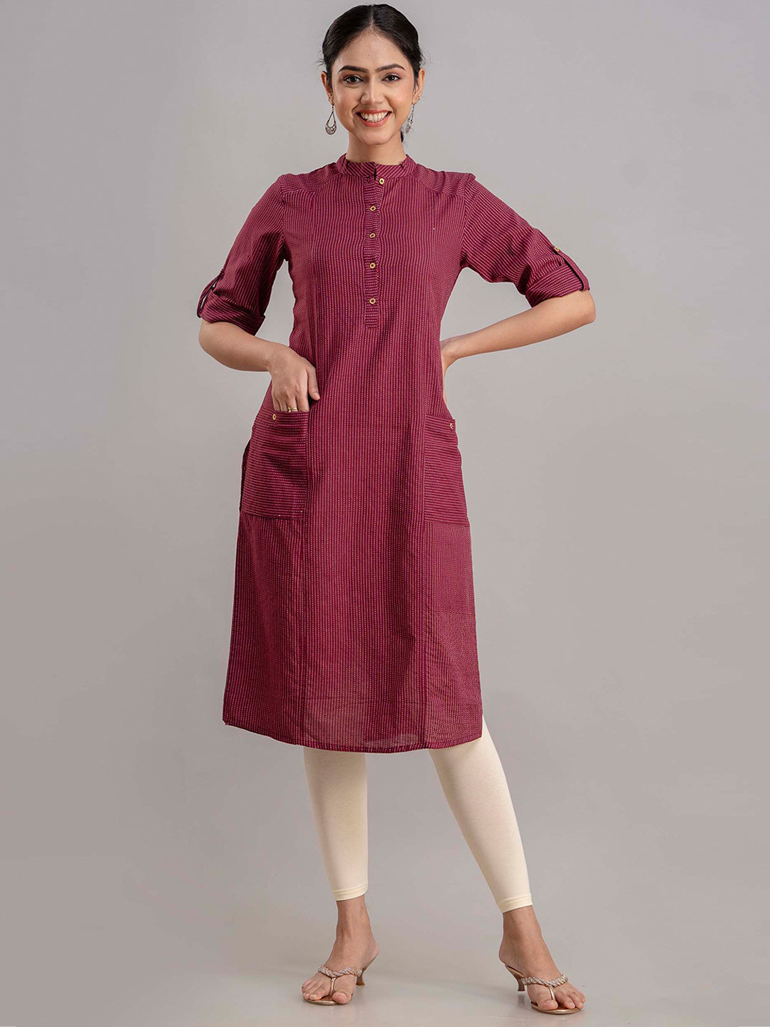 INDIAN KNOTS Striped Mandarin Collar Roll-Up Sleeves Thread Work Cotton Straight Kurta