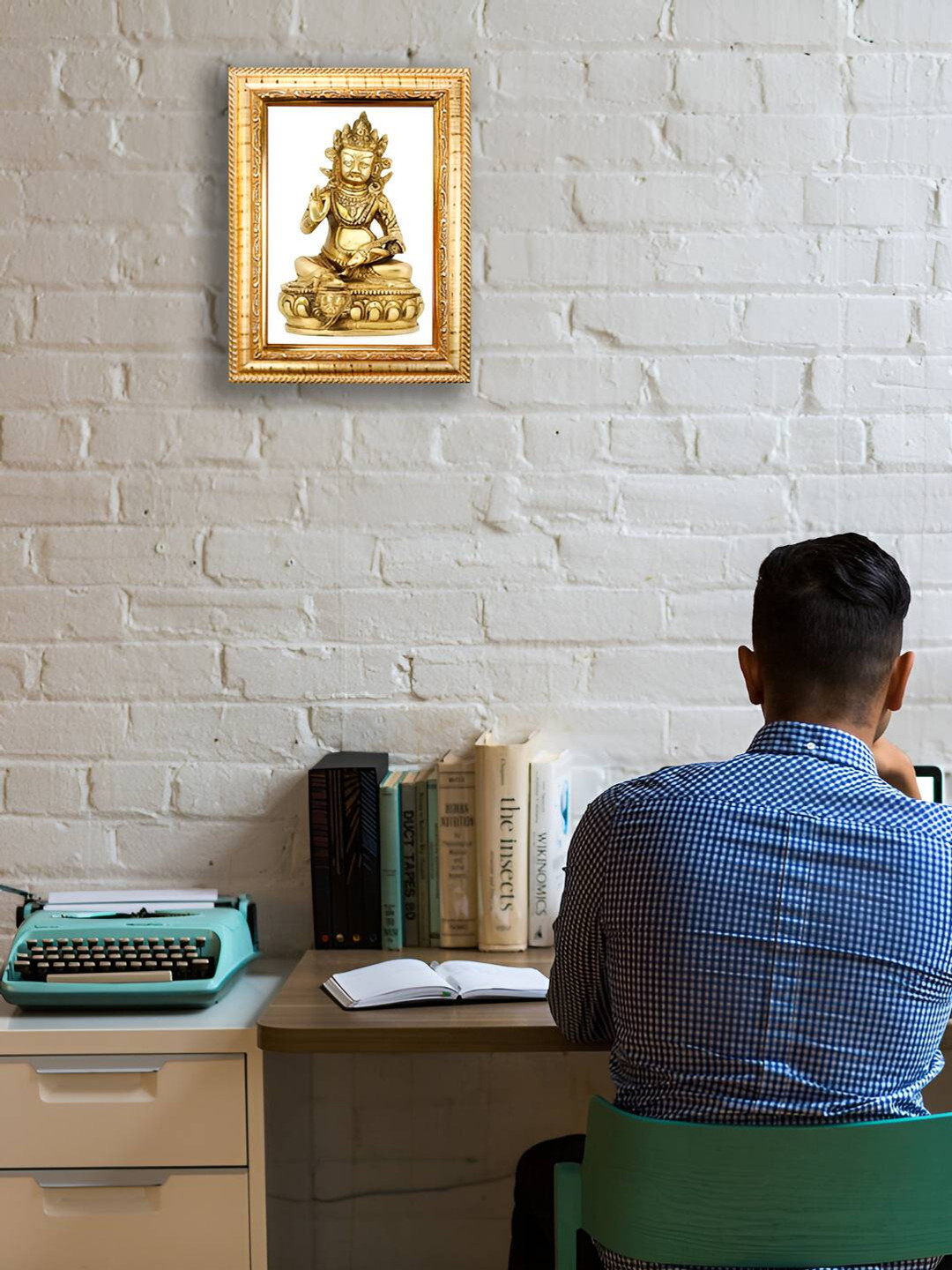 Hawai Gold-Toned Self Design Rectangular Lord Kuber Wooden Wall Photo Frame