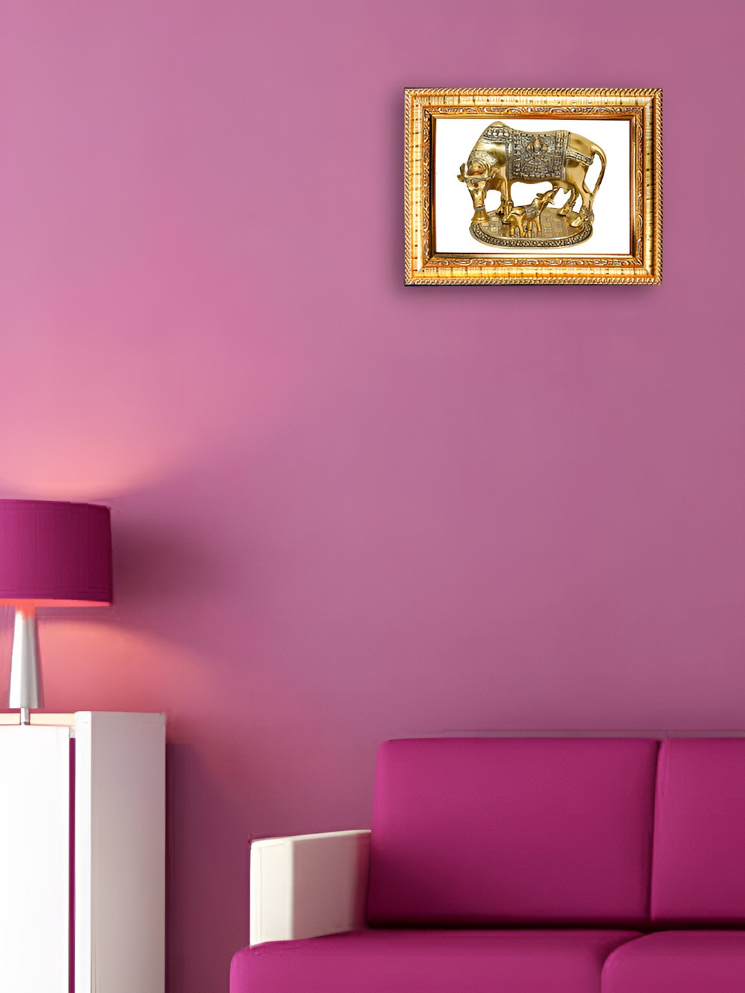 Hawai Gold Toned Kamdhenu Cow with Calf Rectangular Wooden Wall Photo Frame