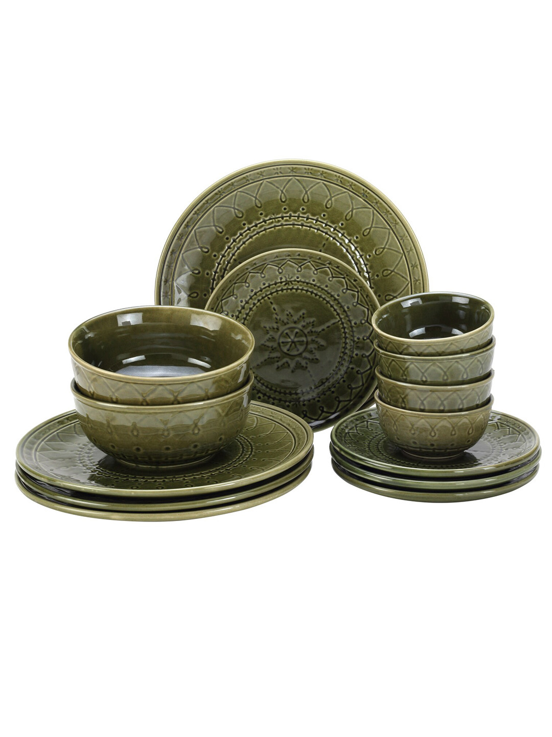 BODHI HOUSE Green 14 Pieces Textured Ceramic Glossy Dinner Set