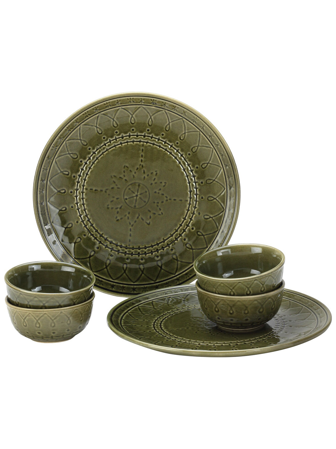 BODHI HOUSE 6 Pieces Green Printed Ceramic Glossy Dinner Set