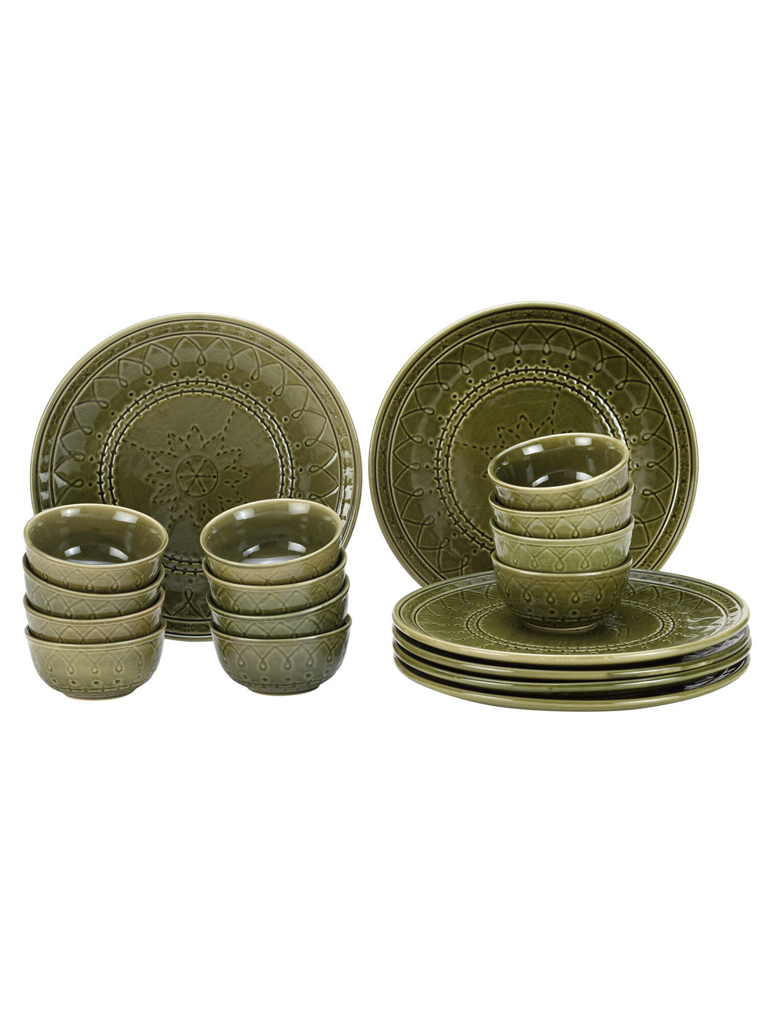 BODHI HOUSE Green 18 Pieces Printed Ceramic Glossy Dinner Set