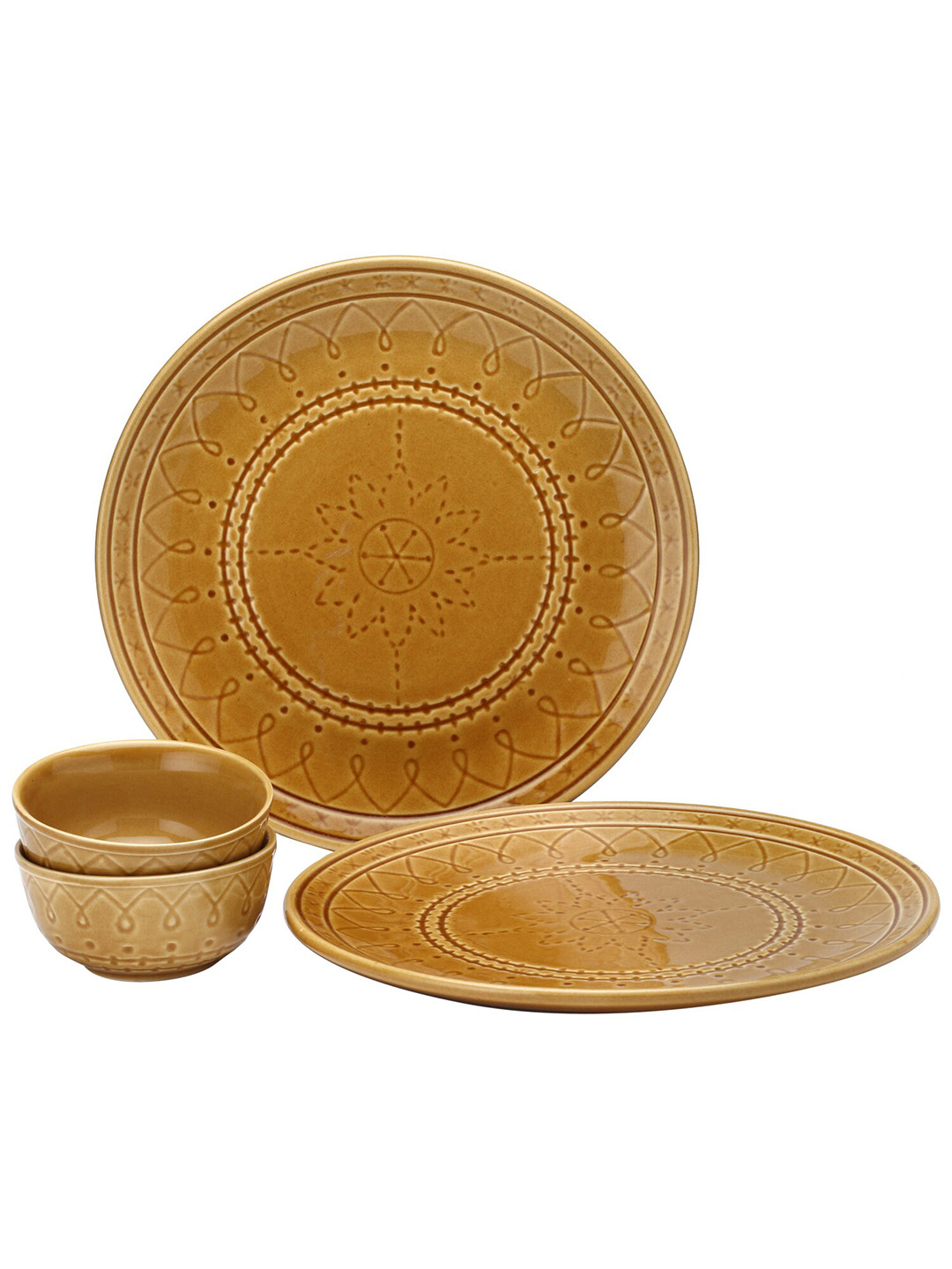 BODHI HOUSE Brown Floral Ceramic Dishwasher and Microwave Safe 4 Piece Dinner Set