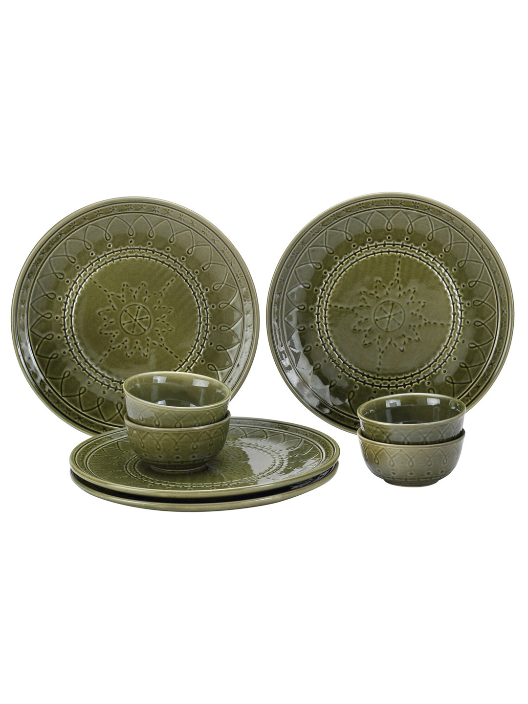 BODHI HOUSE 8 Pieces Green Printed Ceramic Glossy Dinner Set