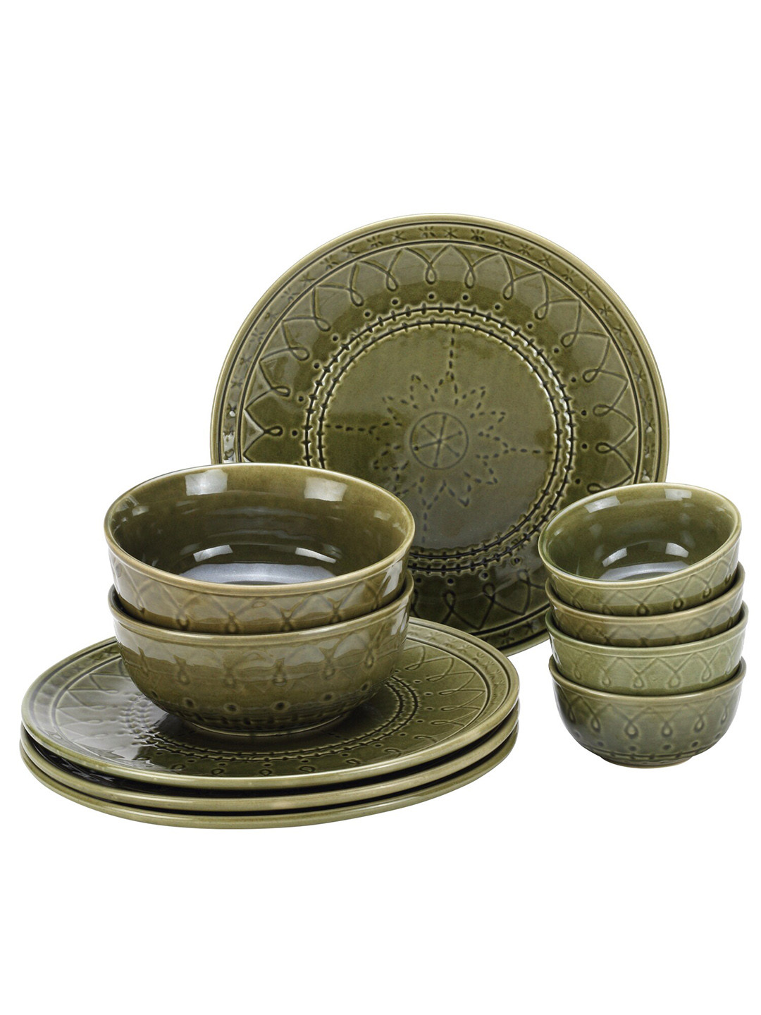 BODHI HOUSE Green 10 Pieces Textured Ceramic Glossy Dinner Set