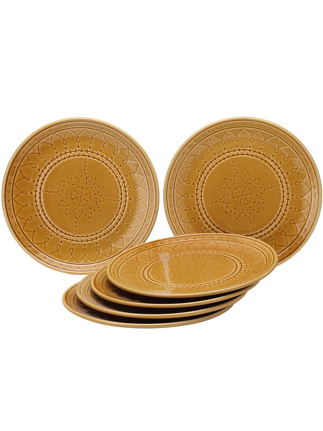 BODHI HOUSE Gold Toned 6 Pieces Handcrafted Textured Ceramic Glossy Dinner Plates