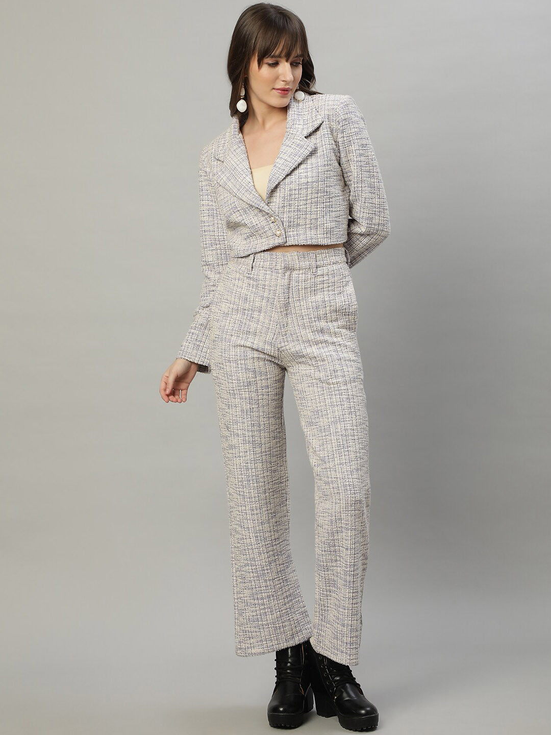 DELAN Self-Designed Shawl Neck Long Sleeve Crop Jacket With Trouser