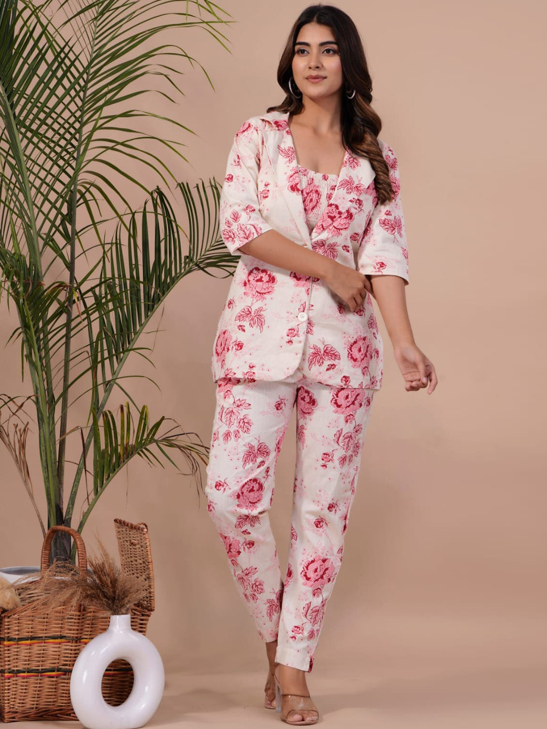 INDIAN KNOTS Floral Printed Top With Trousers & Blazer