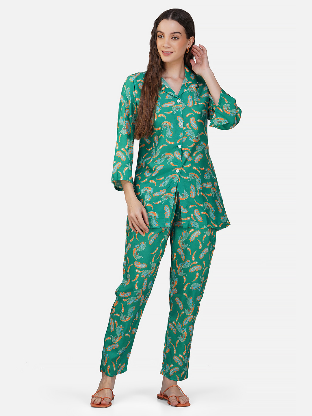 INDIAN KNOTS Ethnic Motifs Printed Mandarin Collar Shirt With Trousers